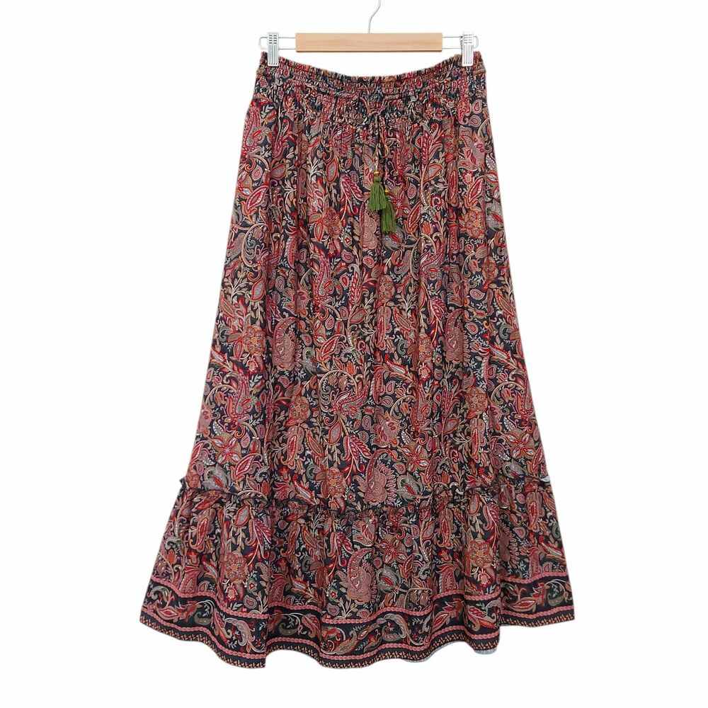 Boemo Long Skirt Womens Large Green A-line Tiered Tasseled Bohemian Paisley